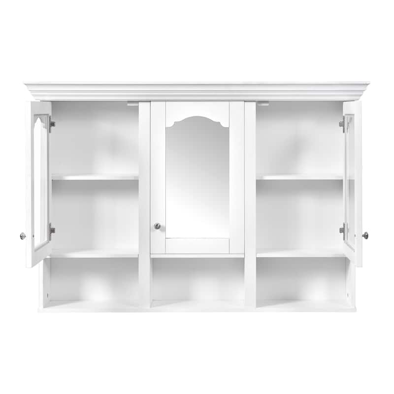 Wall Mounted Bathroom Mirror Cabinet Storage Medicine Cabinet with 3 Open Compartments, Adjustable Shelves and Glass Doors