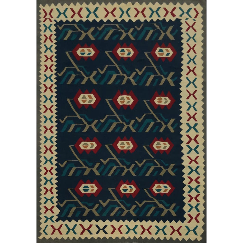 Hand Woven Oriental 100% Wool Carpet Southwestern Tribal Navy Blue & Blues Kilim Area Rug - 9' 11'' X 8' 2''