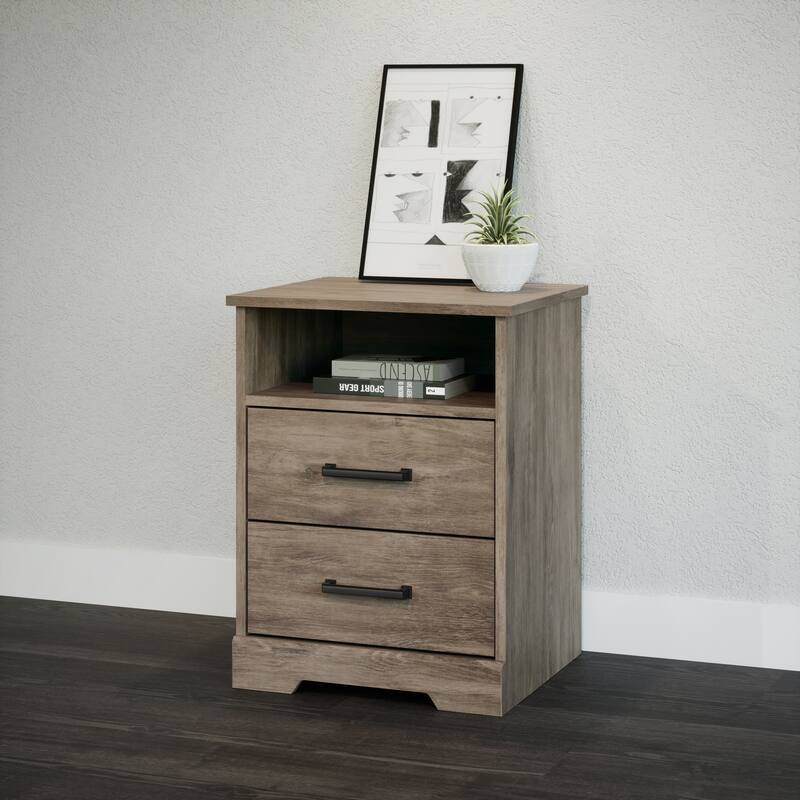 Prepac Rustic Ridge Farmhouse Nightstand Bedside Table, Nightstand for Bedroom, End Table with 2 Drawers and Open Shelf
