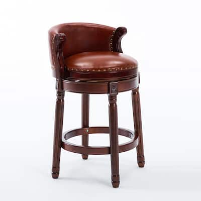 360 Degree Swivel Counter Height Chair with Round Seat and Nailhead Trim, Brown