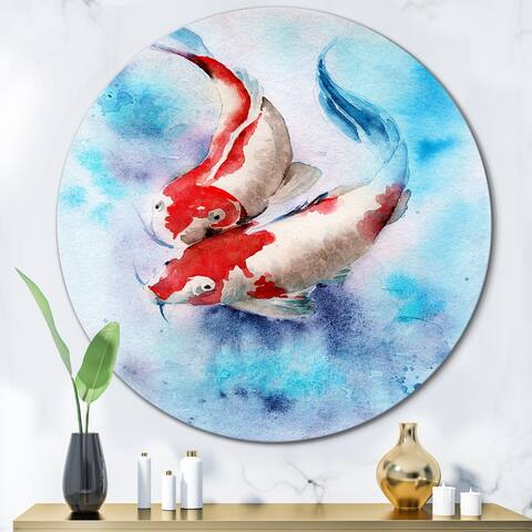 Designart 'Two Koi Fish. Red Spots In Transparant Blue Water' Nautical & Coastal Metal Circle Wall Art