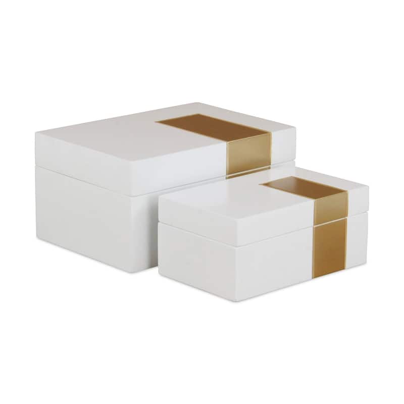 Wooden Accent Boxes with Decorative Band - 10" - White and Gold - Set of 2