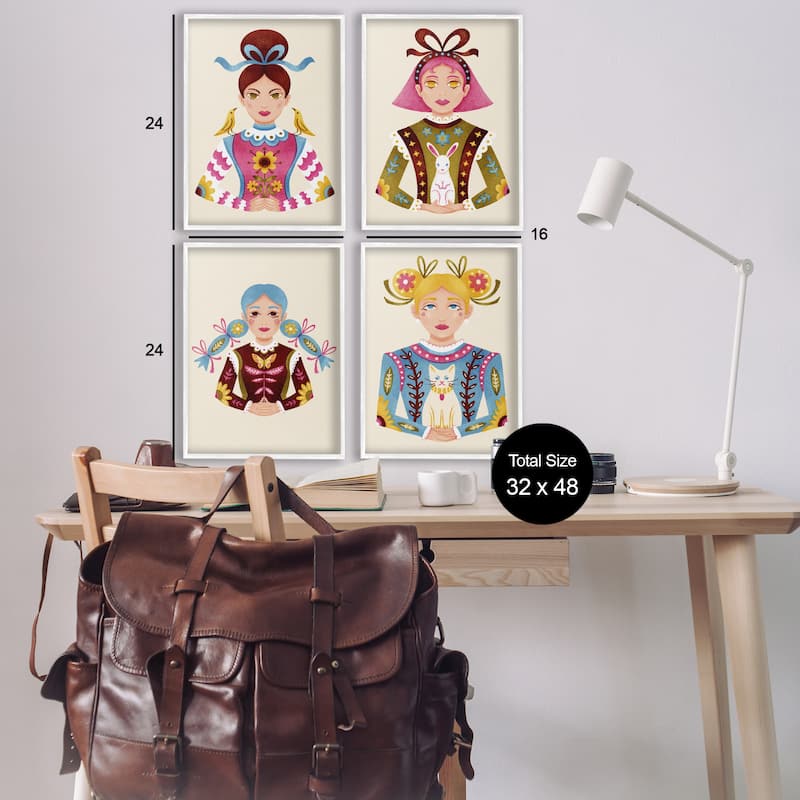 Stupell Floral Folk Women Portraits Framed Giclee Art Design By Hannah Moren (Set of 4)