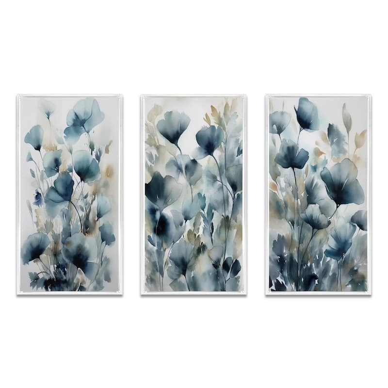 Designart "Blue Leaf Foliage And Flowers III" Floral Leaves Framed Wall Art Set Of 3 For Home Decor