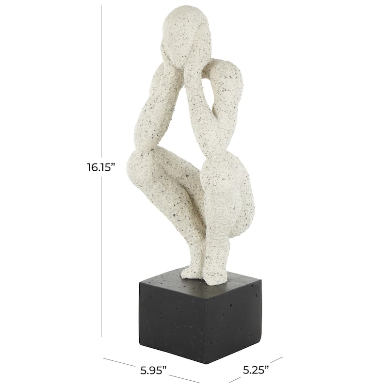 Cream Polystone Crouching People Decorative Sculpture with Black Square Base