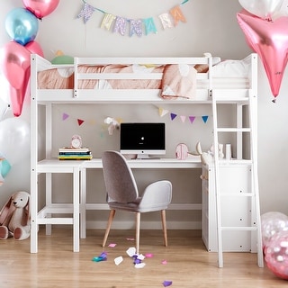 Modern Twin Size Wooden Loft Bed With Shelves and Desk,Solid Construction