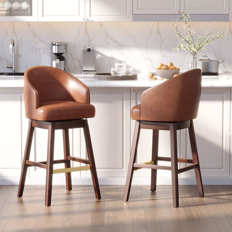 Swivel Bar Stools Upholstered Wood Bar Stools - Set of 2 - Brown