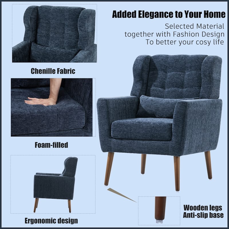 Dark Blue Modern 24.21" Upholstered Button Tufted Arm Chair with Wood Legs for Living Room