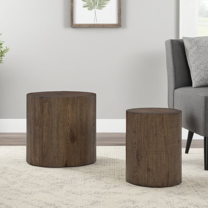 Accent Table Set of 2, Farmhouse Wood Log Shape, Rich Oak Brown Finish