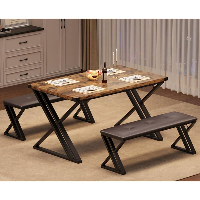 Dining Table with 2 Benches - thickened - Rustic Brown