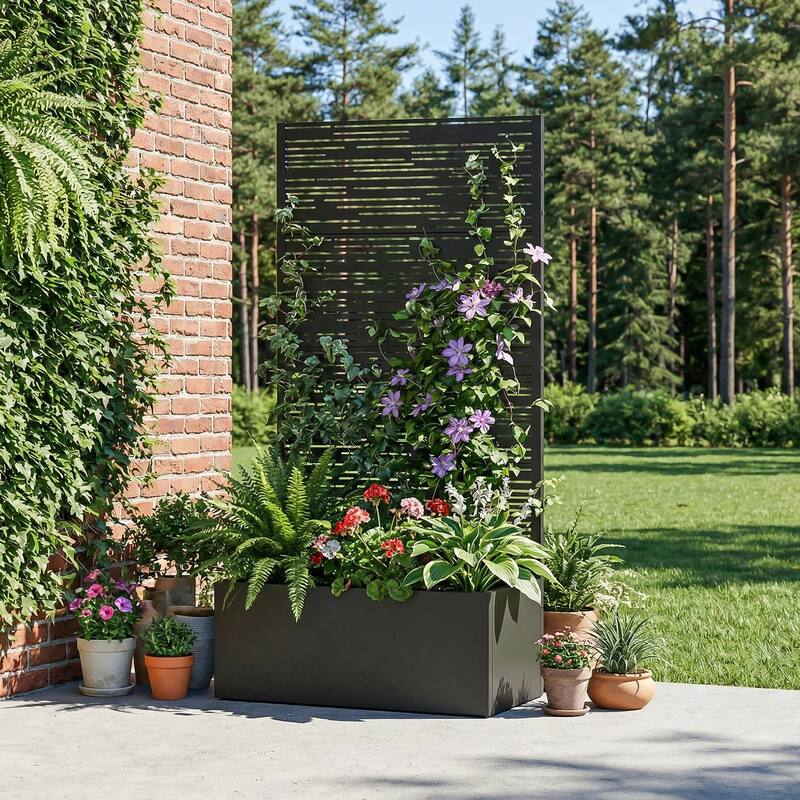 Metal Galvanized Planter Box with Trellis Privacy Screen Lockable Wheels - Black