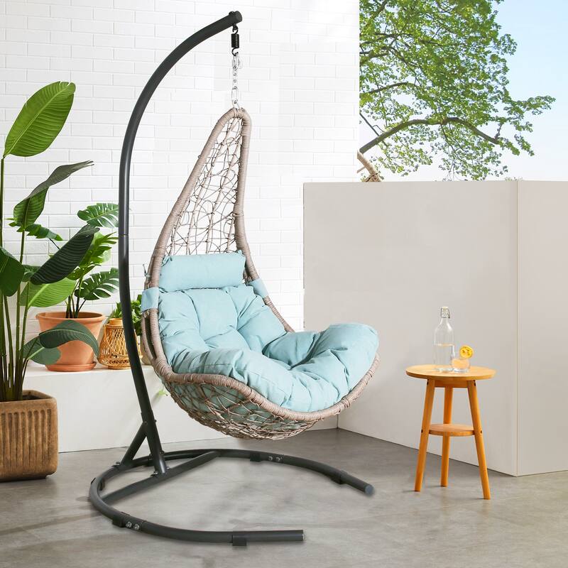Outdoor Wicker Hanging Basket Chair Patio Hanging Chair with Stand - Blue