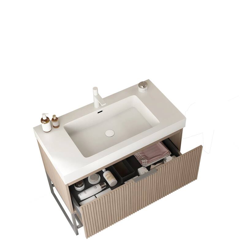 36" Freestanding Bathroom Vanity with Drawers and Open Shelves