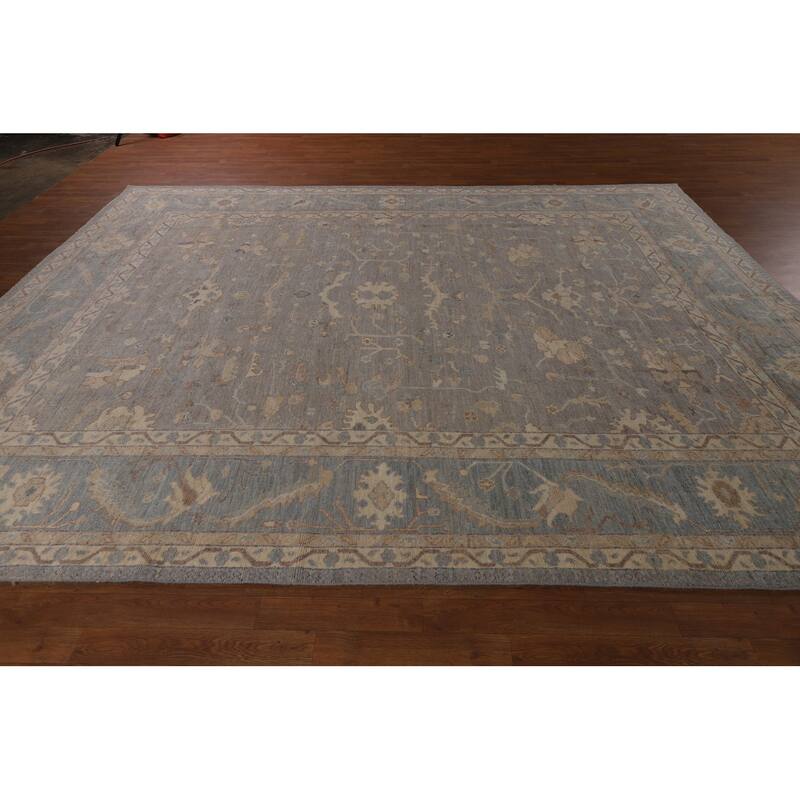 Vegetable Dye Floral Oushak Turkish Rug Hand-Knotted Grey Wool Carpet - 9'4"x 11'8"