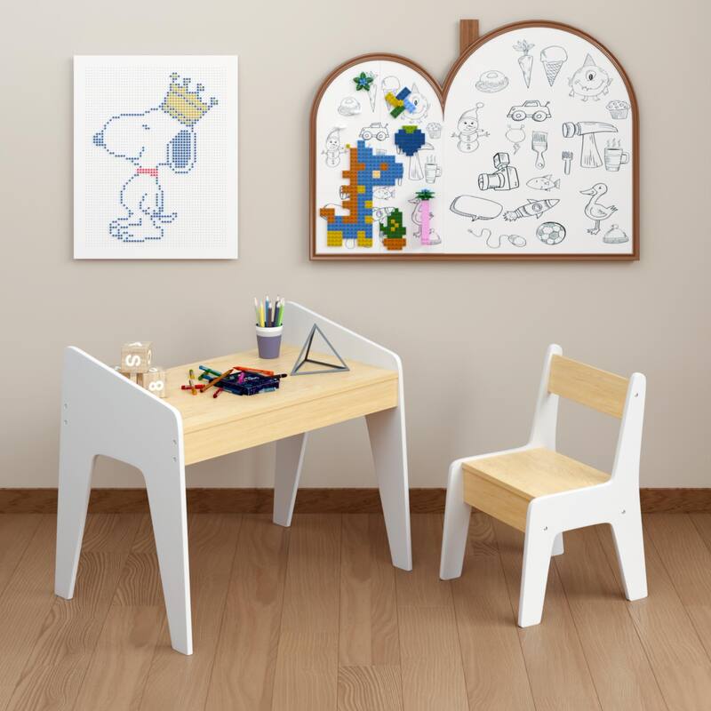 Kids Study Table and Chair Set 1 Piece Wooden Kids Furniture White Natural - White