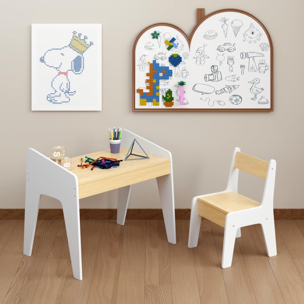 Kids Study Table and Chair Set 1 Piece Wooden Kids Furniture White Natural