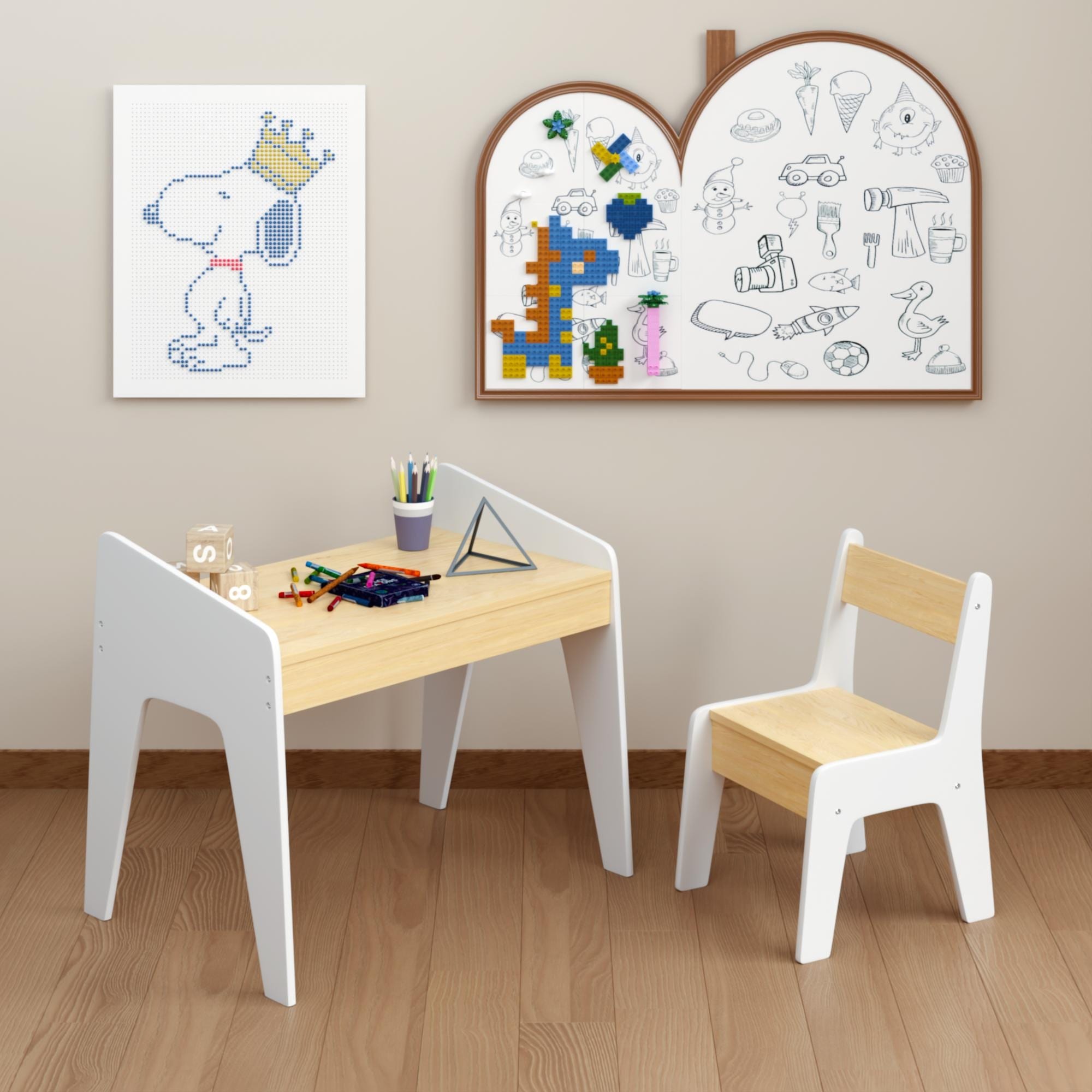 Kids Table Set with One Chair, Wooden Children Study Table, 2-8 Age Kids Funiture