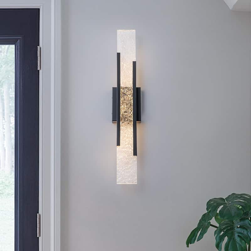 Black Metal Rectangular Water Pattern LED Dimmable Wall Sconce - H-26.38 in.