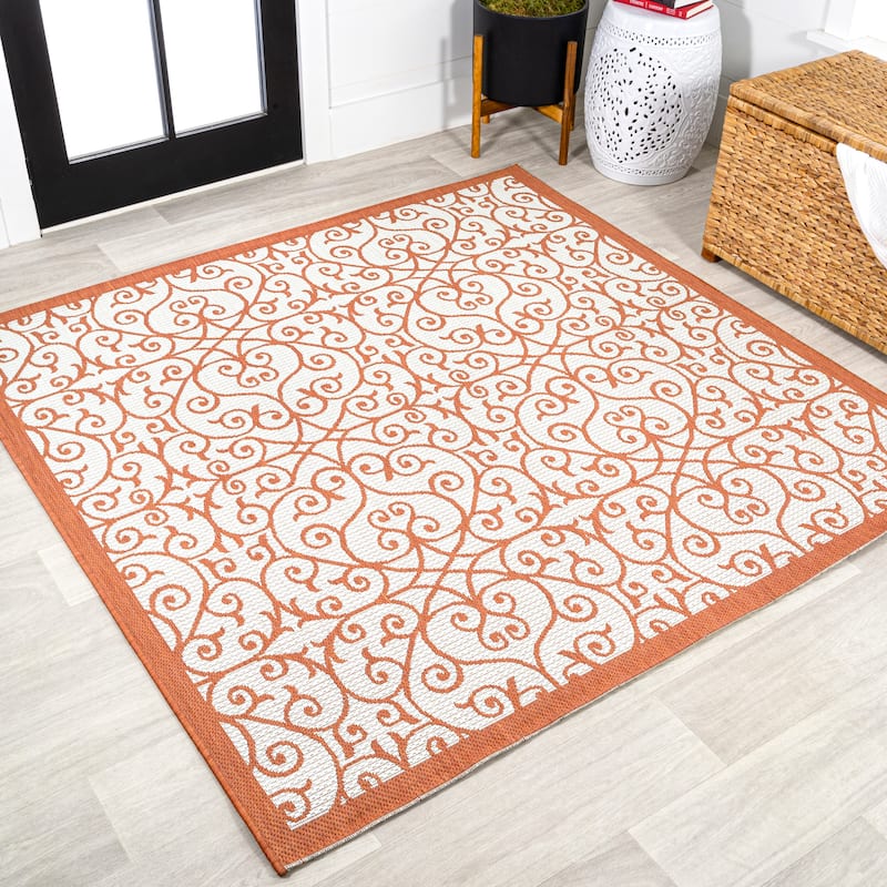 JONATHAN Y Ourika Textured Weave Indoor/Outdoor Area Rug - 5' Square - Cream/Orange