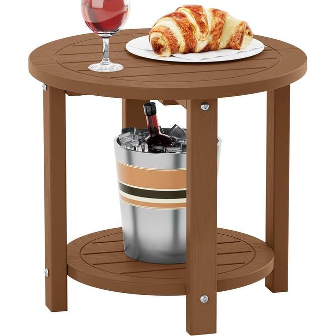 WINSOON Outdoor Side Table for Patio 16in HIPS Small Round Outdoor End Table - 2-Tier - Teak