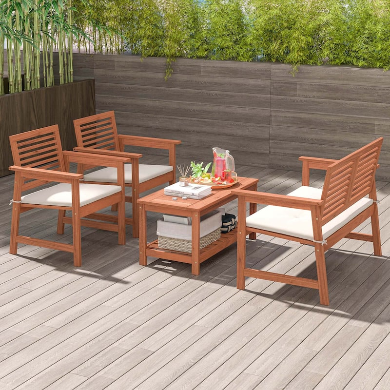 Costway 4 PCS Patio Conversation Set with Soft Seat Cushions 2-Tier - See Details - Natural - See Details