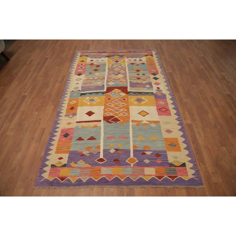 Hand Woven Oriental 100% Wool Carpet Southwestern Tribal Multi-Colored Kilim Area Rug - 7' 9'' X 4' 8''