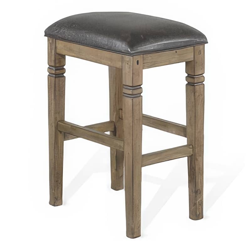 Yael Barstool, Set of 2, Black Faux Leather Cushioned, Taupe MahoganyWood