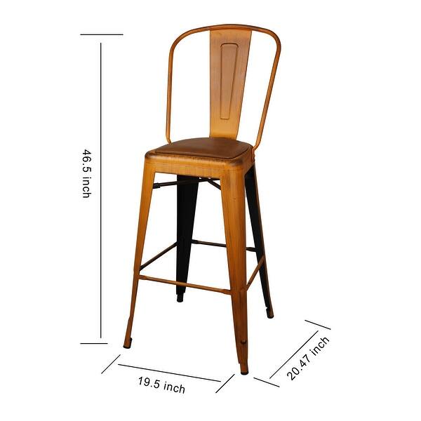 dimension image slide 0 of 4, High Back Metal Barstool with Black/Brown Leather Cushion-Set of 4