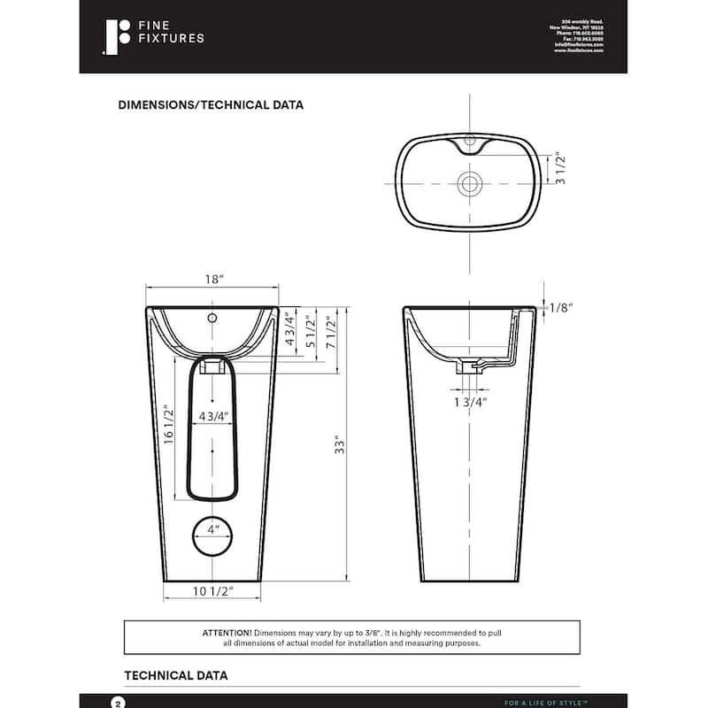 Fine Fixtures Plainfield Pedestal, Elegant One Piece Pedestal Sink, Center Faucet Hole, Vitreous China, White