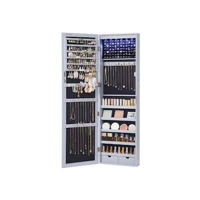 Grey Lockable Wall Door Mounted Jewelry Armoire with 6 LED Lights and Full-Length Mirror - 14.5"L x 3.9"W x 47.3"H