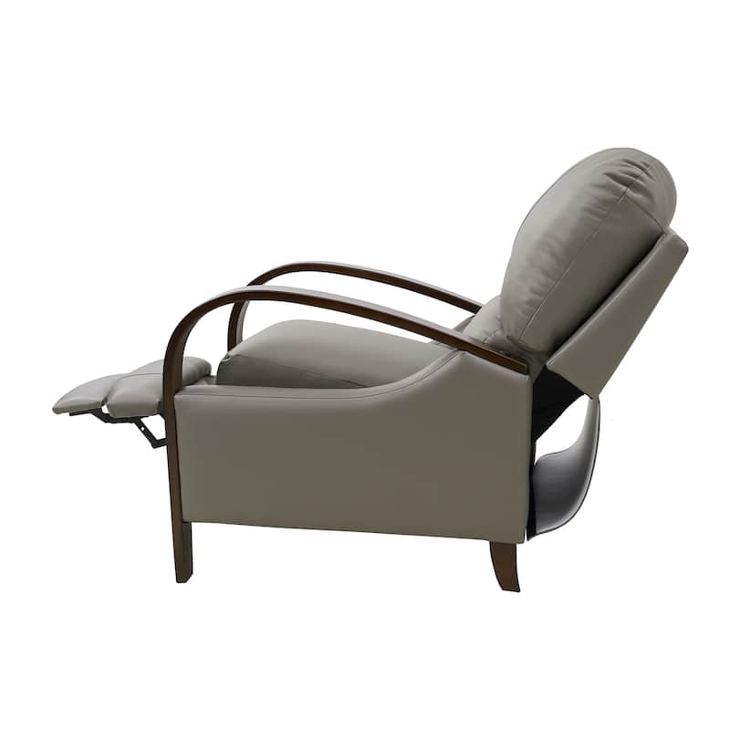 Alex Mid-century Modern Genuine Leather Manual Recliner with Wooden Curved Arms