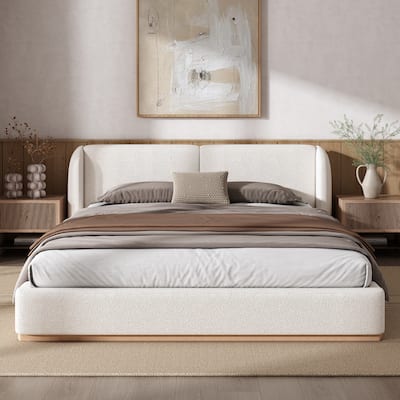 White Low Profile Platform Bed Ground Bed Boucle Frame with Upholstered Wingback Headboard