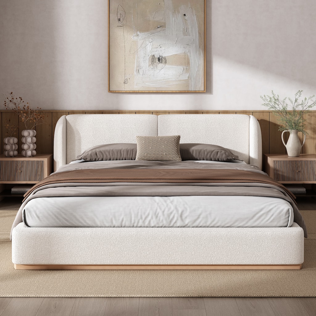 White Low Profile Platform Bed Ground Bed Boucle Frame with Upholstered Wingback Headboard