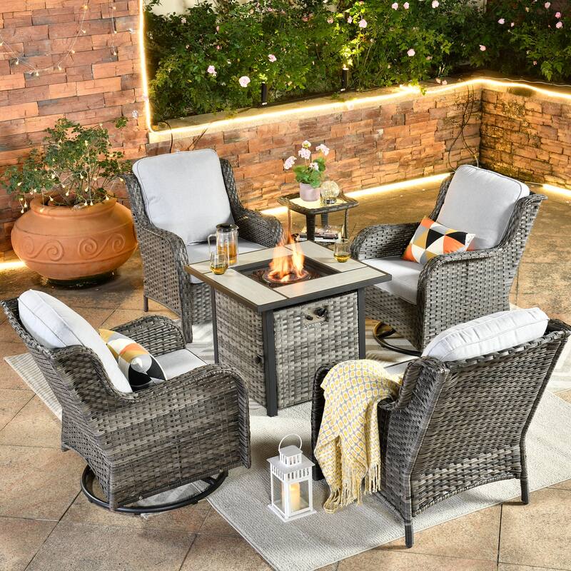 OVIOS Grey Wicker 6-piece Patio Furniture Set Swivel Rocking Chair With Fire Pit - Grey