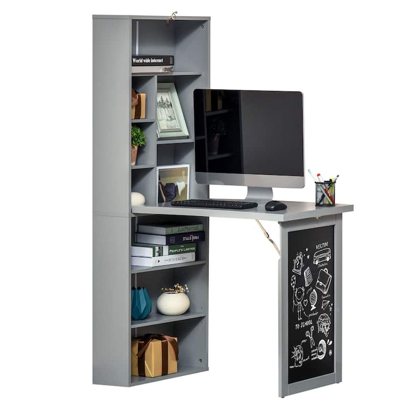 HOMCOM Convertible Folding Desk with Blackboard and Side Shelf Multi-Function Computer Office Workstation