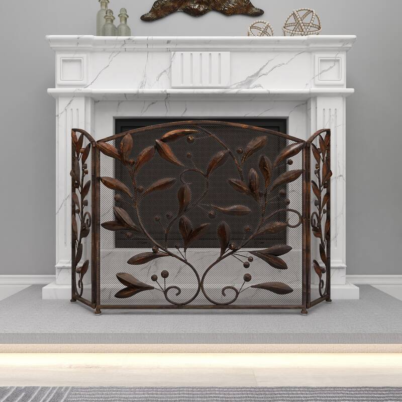 Brown Iron Eclectic Wood Fireplace Screen Floral 30 x 45