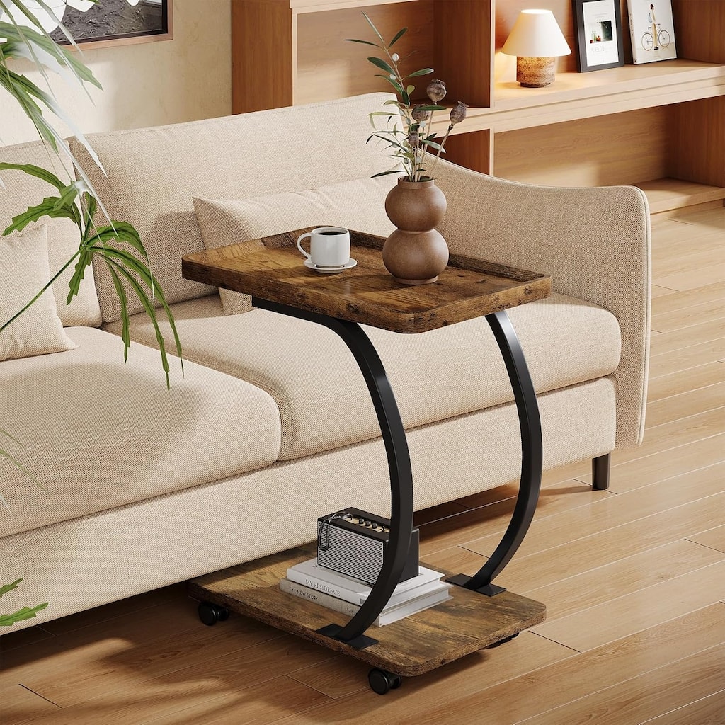 2-Tier Industrial Small C-Shaped End Side Couch Tray Table with Wheels - 20.47" L x 13.39" W x 23.62" H