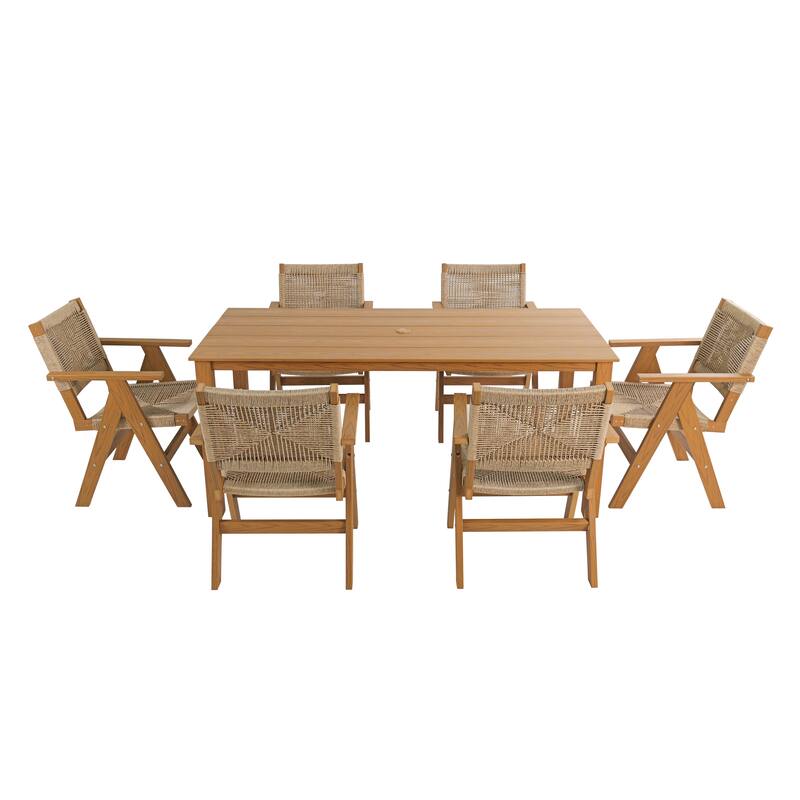 Wood Look Dining Table with Umbrella Hole Stainless Steel Legs Outdoor Picnic