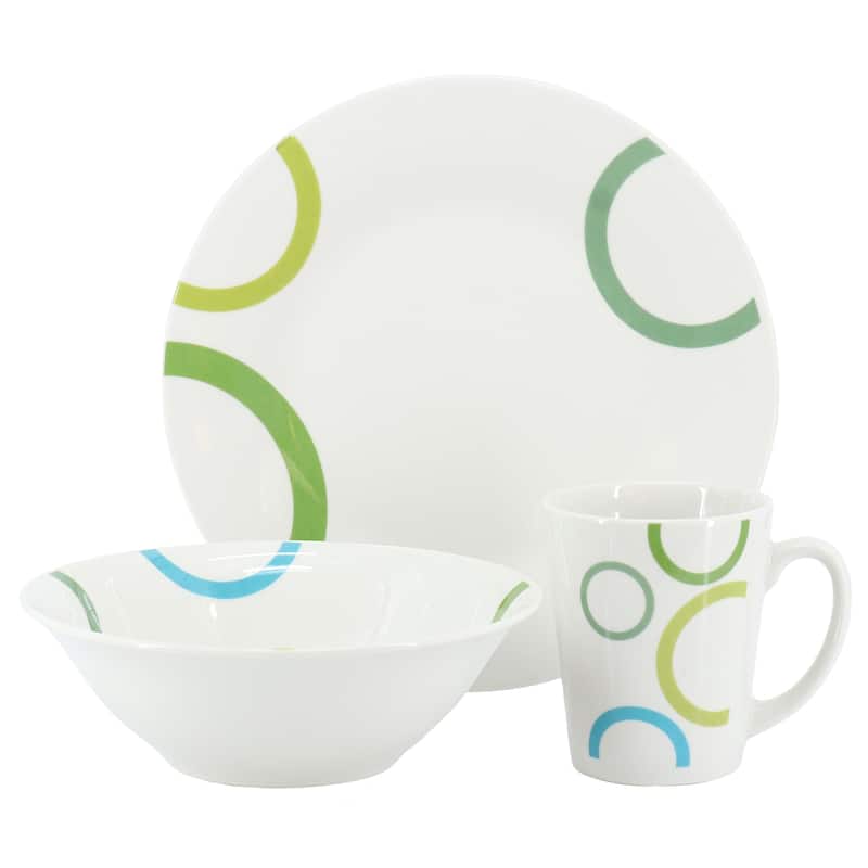 Gibson Home Green Loops 12 Piece Round Fine Ceramic Dinnerware Set in White