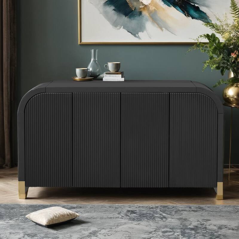 4-door Curved Corner Design Wavy Door Panel Cabinet with Adjustable Shelves, Suitable for Study, Living Room and Entrance