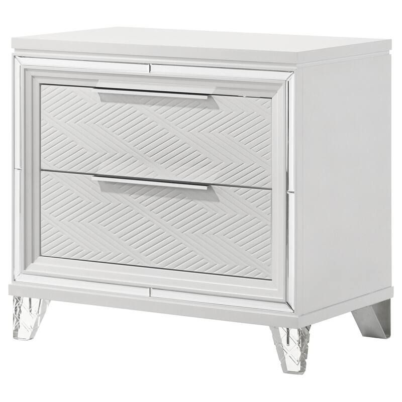 White 2-Drawer Nightstand with Mirror Trim, Herringbone Graphic Panels, Cord Access and Chrome Hardware