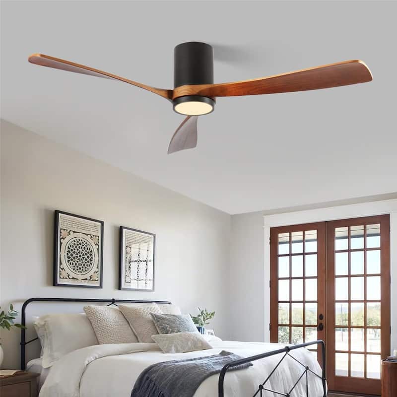 60" LED Flush Mount Ceiling Fan with Wood Blades, 6-Speed DC Remote Control