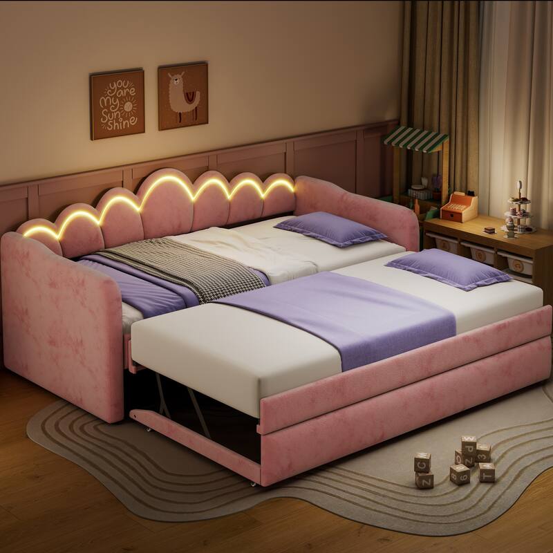 Twin XL Velvet Upholstered Daybed with Pull-Out Trundle and Wave Backrest LED Light - Pink - Twin XL