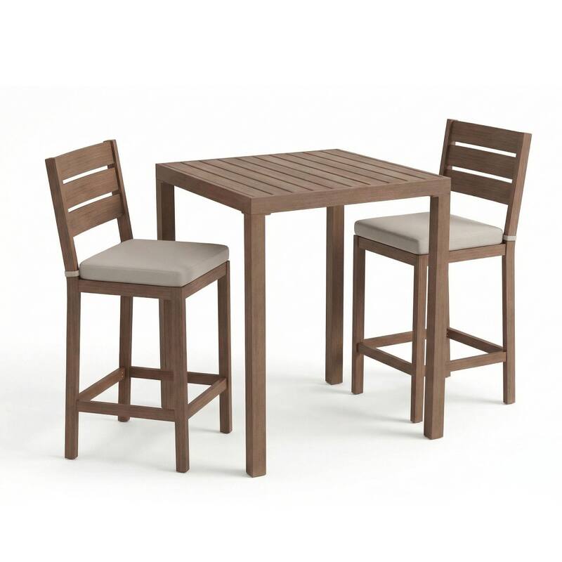 Martha Stewart All-Weather Bar Height Patio Set with 35.5" Square Slat Top Table and 2 Stools - 19.5"W x 22.5"D x 44.5"H - Brown / Cream Cushions