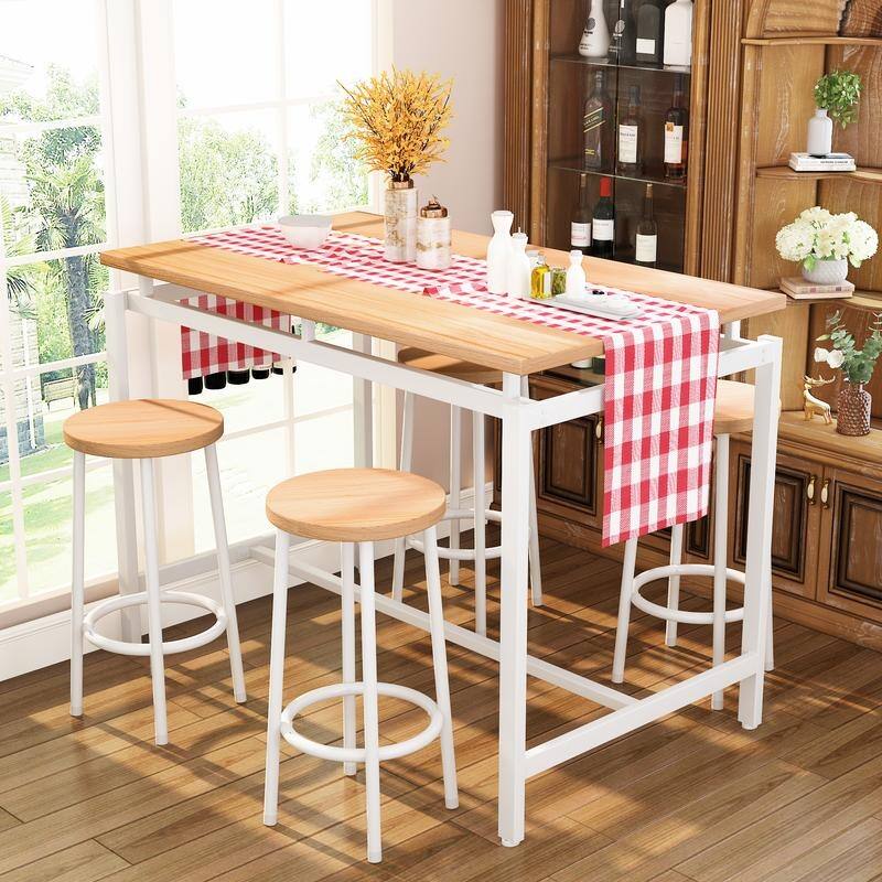 Bar Table Set Kitchen Pub Table Set with 4 Stools, Oak