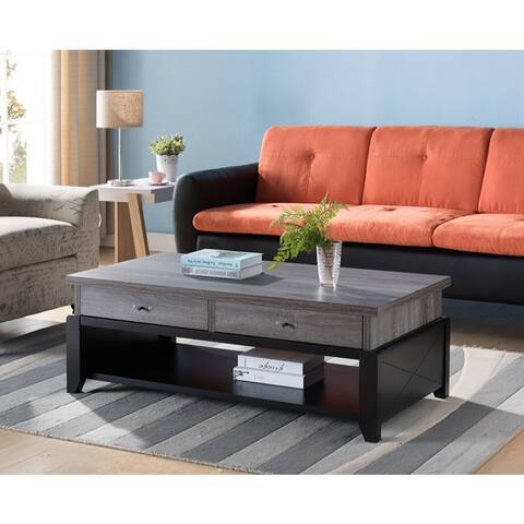 Wooden Coffee Table With 2 Drawers, Distressed Gray And Black