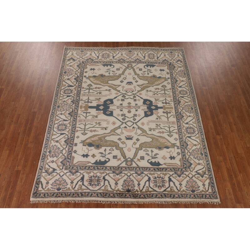 Beige / Ivory Oushak Oriental Area Rug Handmade Wool Carpet - 8'0"x 9'11"