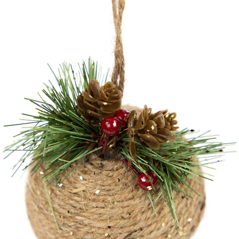 4.75" Green Pine Cone Holly Berry Jingle Bell Christmas Ornament