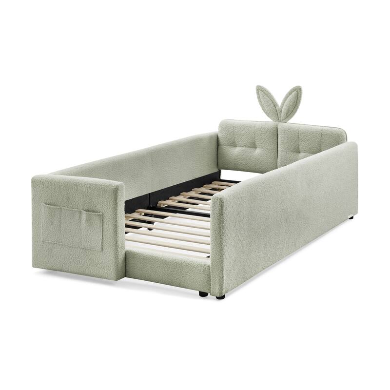 Roomfitters Twin Upholstered Platform Bed with Rabbit Ear Headboard, Safety Rail and Side Pocket, Boucle Fabric