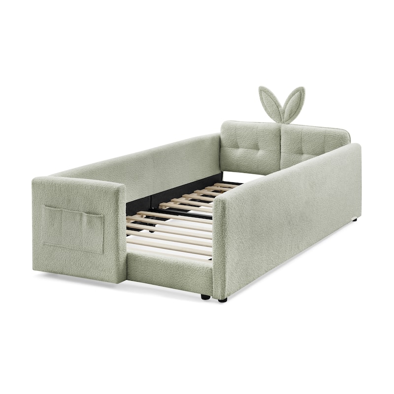Twin Size Platform Bed Upholstered Bed with Safety Rail and Pocket, Kids Bed with RabbitEar, Skin-friendly Boucle Fabric